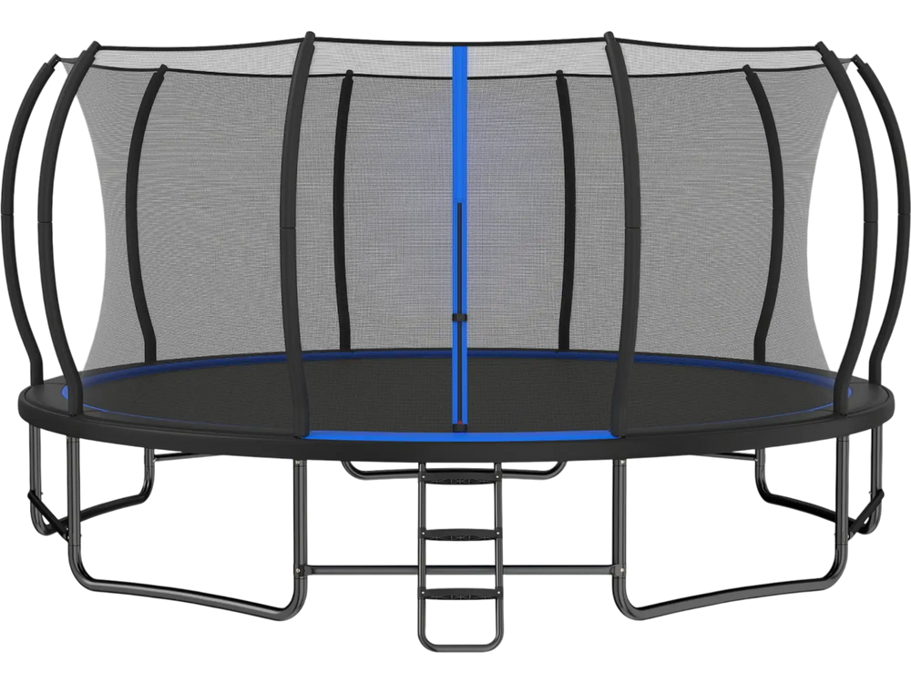 Giant round outdoor trampoline with blue enclosure net, galvanized steel frame, and anti-slip ladder for safe jumping fun.