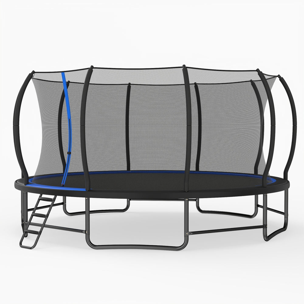 Giant round outdoor trampoline with blue accents, safety enclosure net, and anti-slip ladder for secure recreational fun.