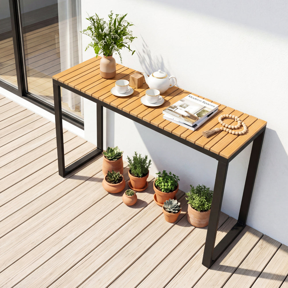 Outdoor rectangle console table with WPC tabletop, sturdy metal frame, ideal for patio or balcony use.