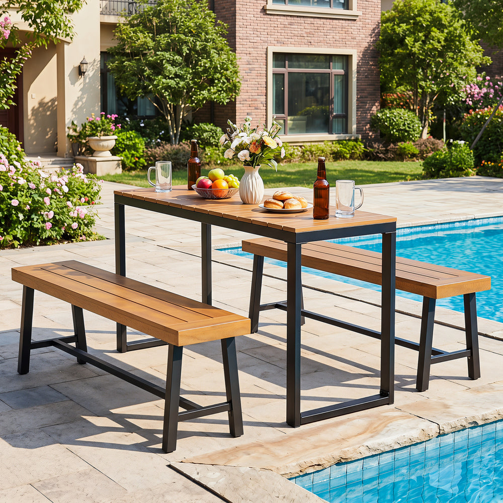 Outdoor rectangle console table with WPC tabletop and sturdy metal frame, perfect for patio dining or gatherings.
