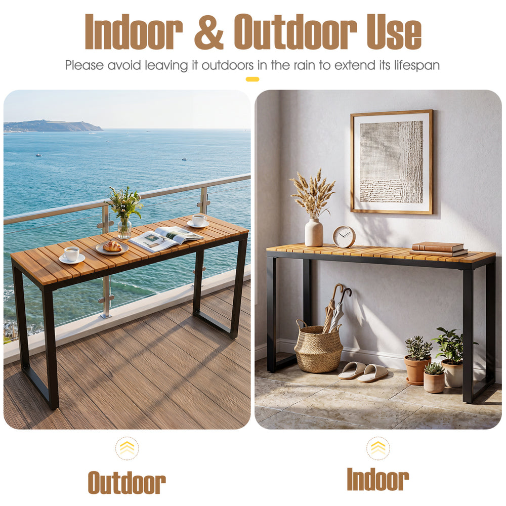 Outdoor rectangle console table with WPC tabletop, sturdy metal frame, ideal for patio or indoor use, seats 4-6 people.