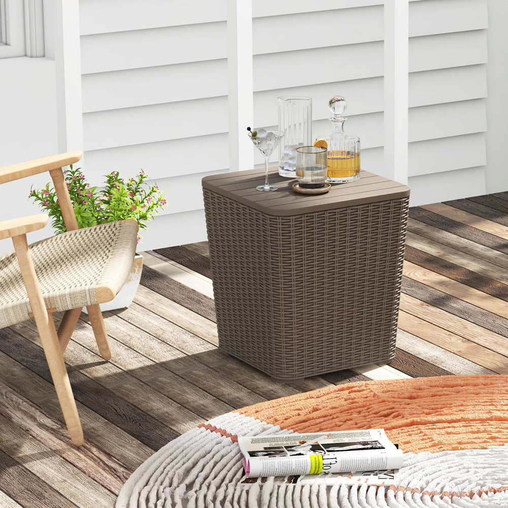 Outdoor Resin Storage Side Table with Removable Lid and Wicker-woven Accent-Coffee - Gallery View 1 of 10