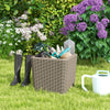 Wicker-woven outdoor resin storage side table with removable lid, ideal for garden tools and patio use.
