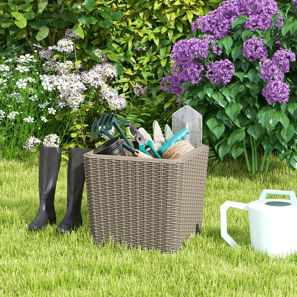 Wicker-woven outdoor resin storage side table with removable lid, ideal for garden tools and patio use.