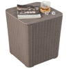 Outdoor resin storage side table with wicker-woven accent, removable lid, ideal for patio or poolside use.