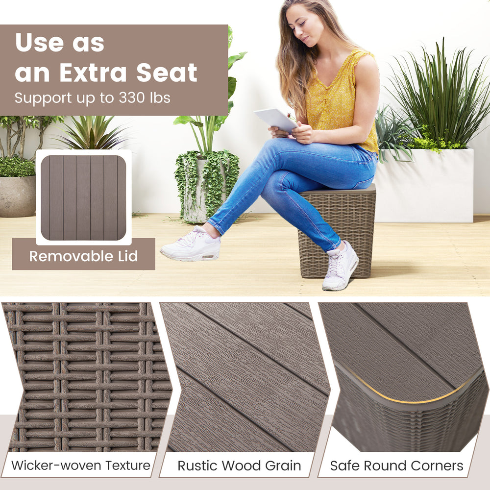 Outdoor resin storage side table with removable lid, wicker-woven texture, supports up to 330 lbs for versatile use.