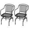 Set of 2 black outdoor rocking chairs with mesh backrests and seats, designed for comfortable yard relaxation.
