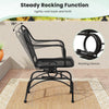 Black outdoor rocking chair with mesh backrest, featuring a 15° sway motion for relaxing in your yard.