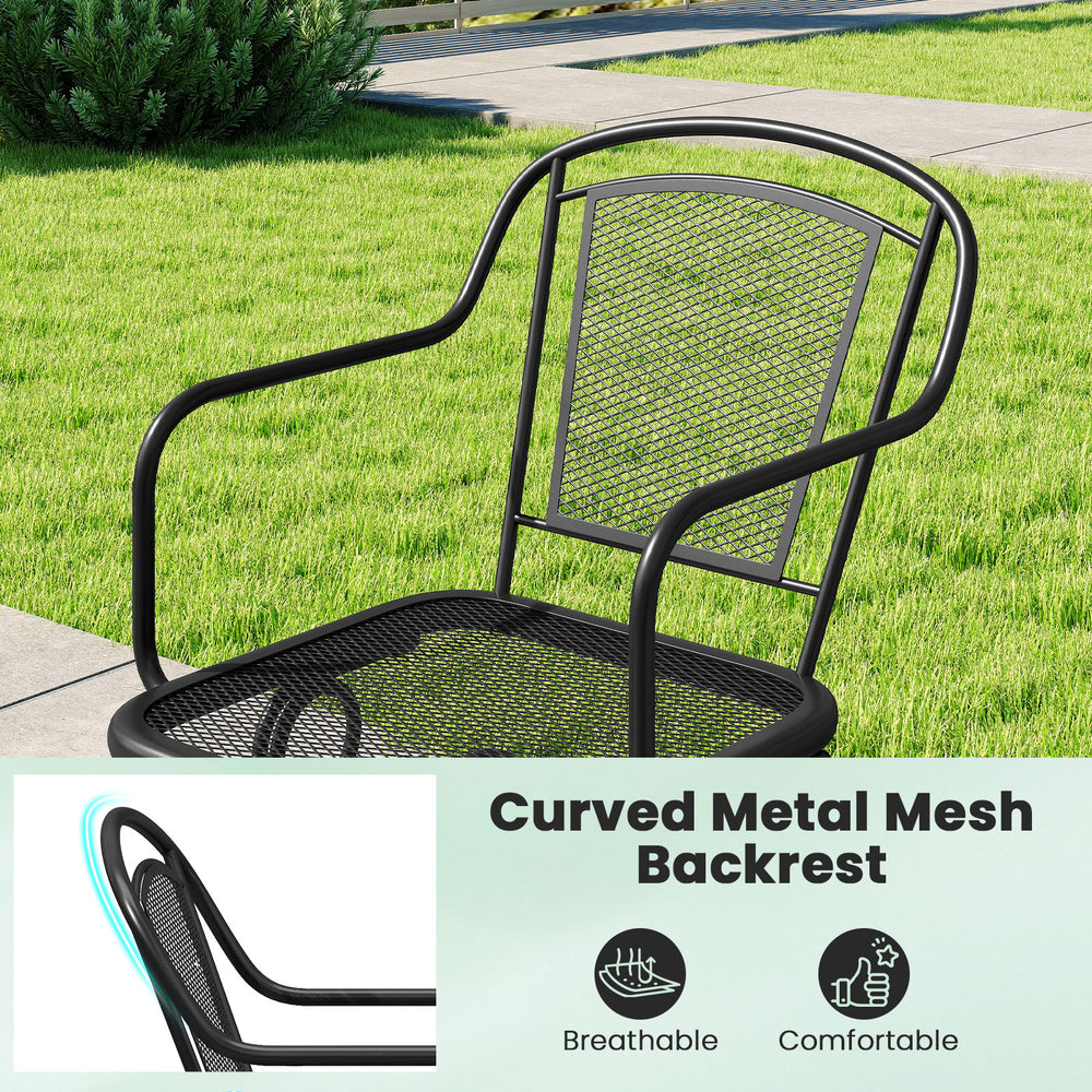 Curved metal mesh backrest of a black outdoor rocking chair, designed for comfort and breathability in outdoor settings.