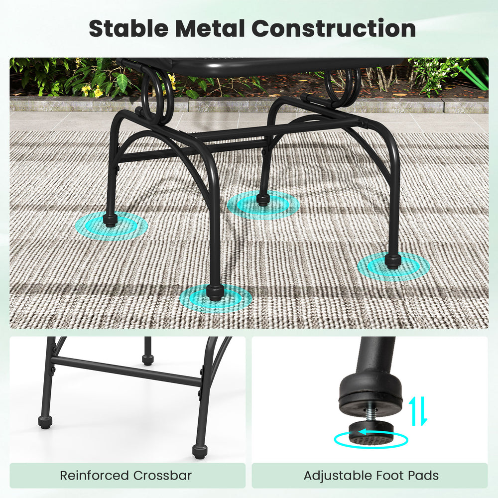 Close-up of the adjustable foot pad on a black outdoor rocking chair, featuring a stable metal construction for yard.