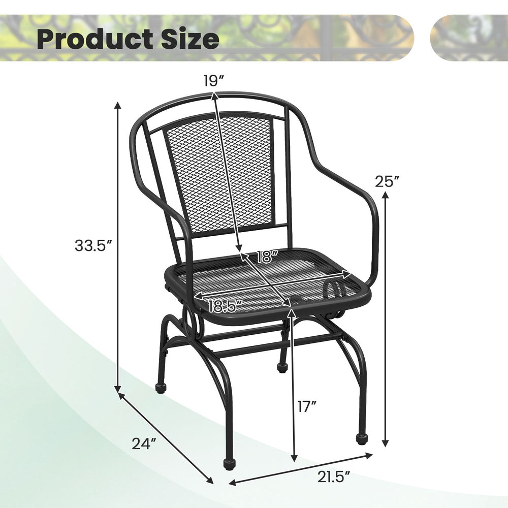 Black outdoor rocking chair dimensions showing mesh backrest and seat, designed for yard use with a stable metal frame.