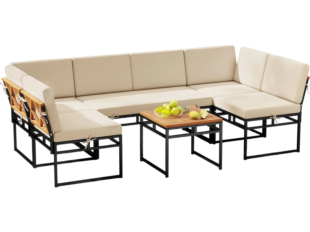 Beige 6-piece outdoor sectional sofa set with metal frame, acacia wood accents, and cushions, perfect for backyard.