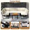 6-piece outdoor sectional sofa set with beige cushions, metal frame, and acacia wood tabletop for backyard relaxation.