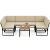 6-piece outdoor sectional sofa set with beige cushions, metal frame, and acacia wood table, ideal for backyard.