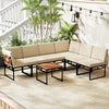 Beige 6-piece outdoor sectional sofa set with metal frame and acacia wood tabletop, ideal for backyard relaxation.