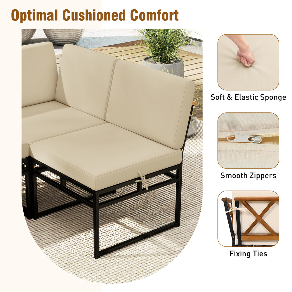 Beige cushion detail of the 6-piece outdoor sectional sofa set with metal frame and zippered covers for easy cleaning.
