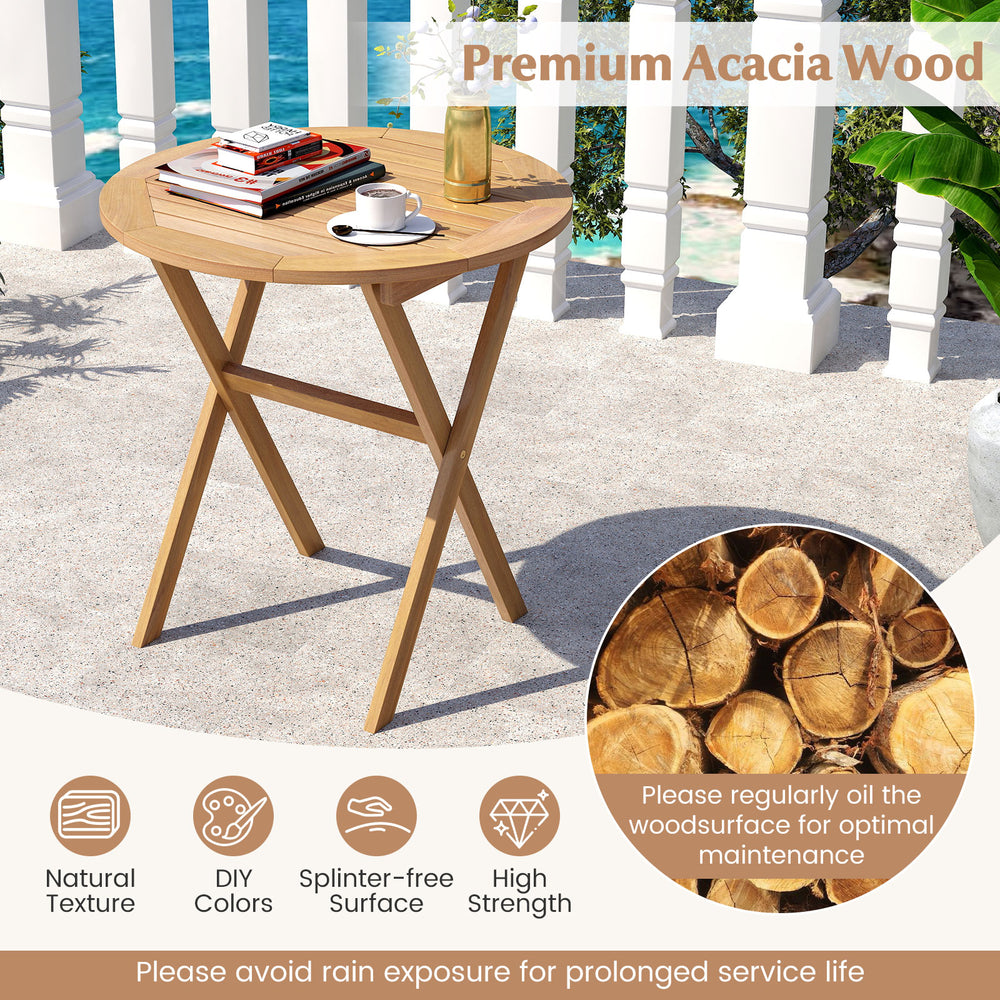 Outdoor side table made of solid acacia wood with a slatted tabletop and X-shaped structure, perfect for indoor or.