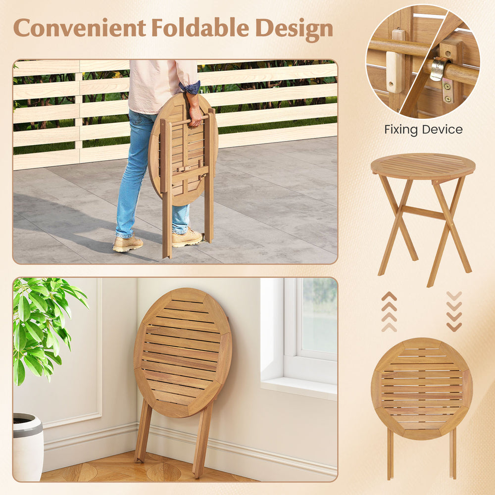 Folding outdoor side table made of solid acacia wood with slatted tabletop and X-shaped structure for stability.