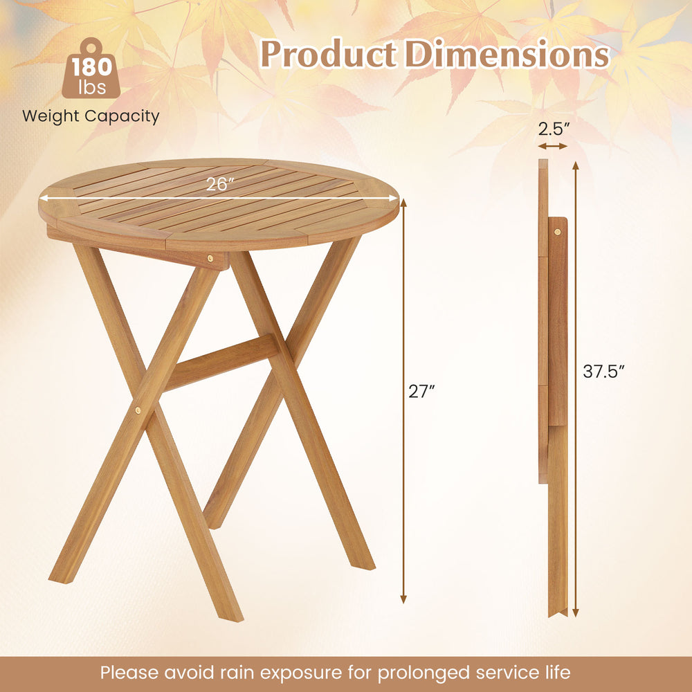 Folding outdoor side table with slatted acacia wood tabletop and X-shaped structure, perfect for indoor or outdoor use.