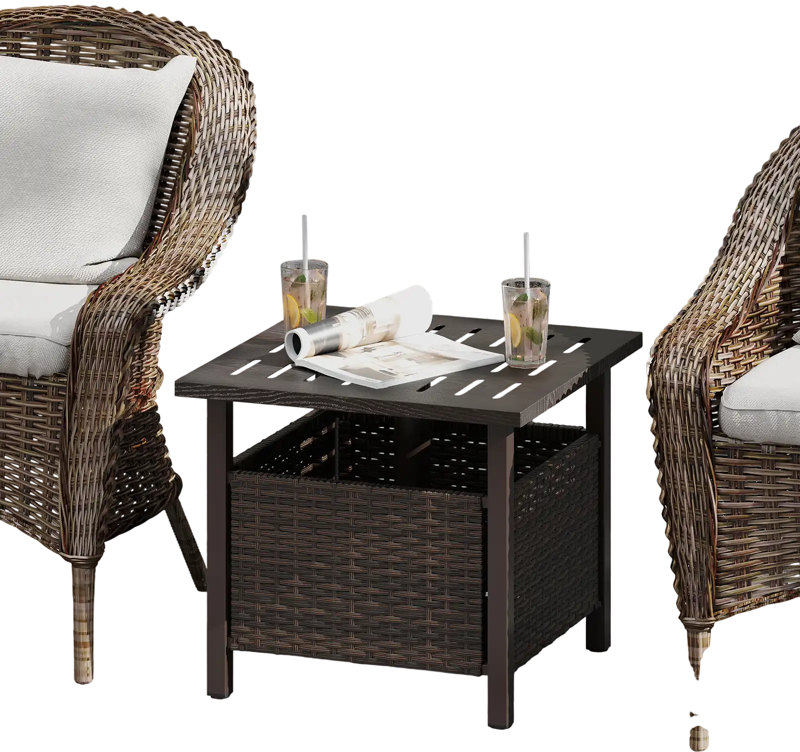 Costway Outdoor Patio Side Table PE Wicker Umbrella Hole Brown 986154327 New
