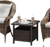 Square outdoor side table with brown PE wicker, umbrella hole, and sturdy design for patio or garden use.