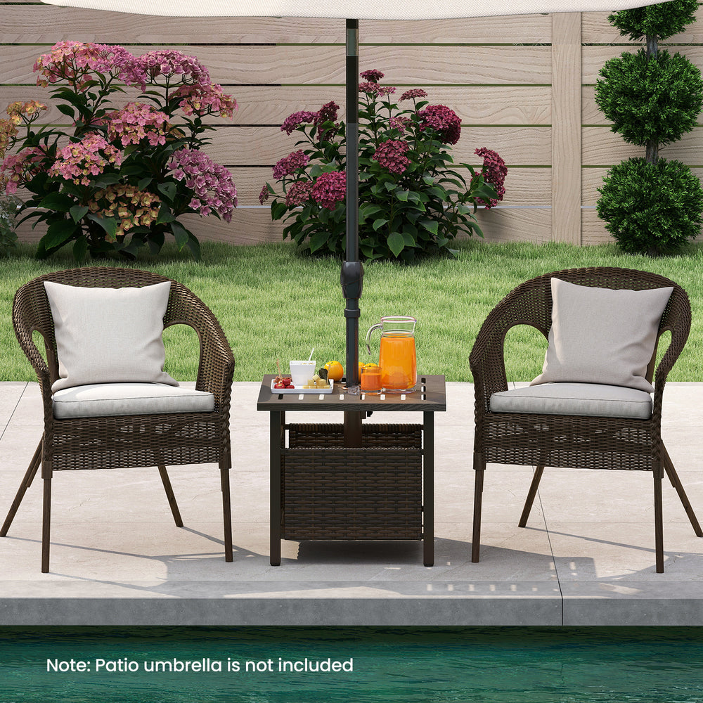Brown all-weather PE wicker patio side table with umbrella hole, ideal for outdoor spaces like gardens and poolside.