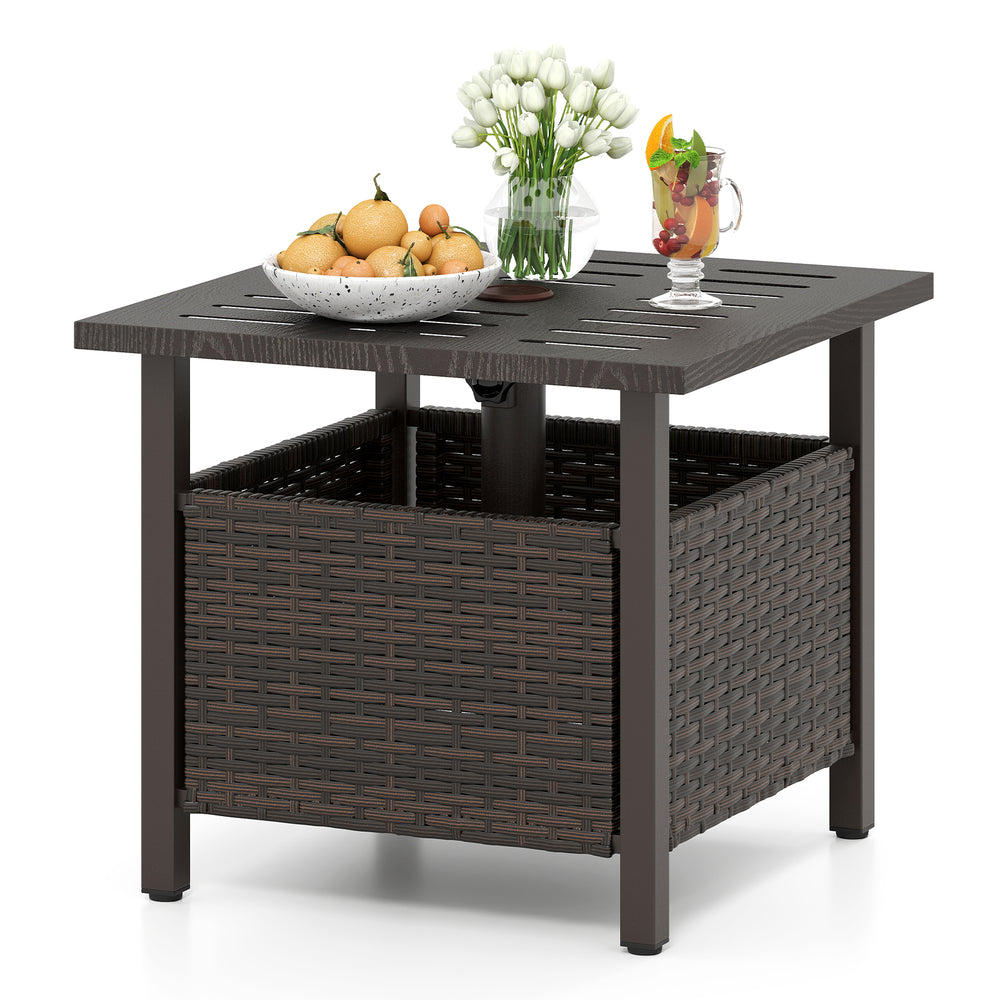 Brown outdoor side table with hand-woven PE rattan, umbrella hole, and sturdy structure for patio or garden use.