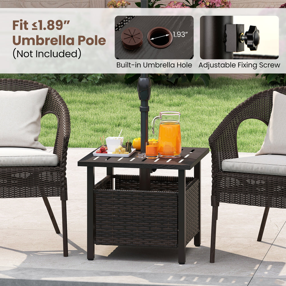 Brown outdoor side table made of weather-resistant PE wicker with a built-in umbrella hole, ideal for patio use.