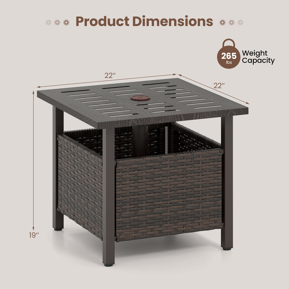 Outdoor side table with brown all-weather PE wicker, 22" square, features umbrella hole and supports 265 lbs for patio.