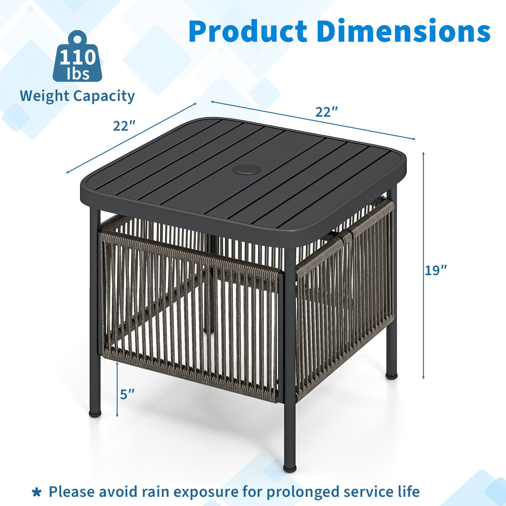 Outdoor side table with umbrella hole, sturdy metal construction, and storage shelf, ideal for patio or garden use.