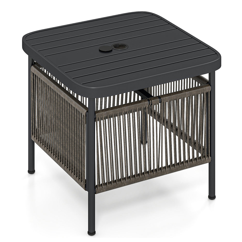 Square outdoor side table with umbrella hole, sturdy metal construction, and 2-tier storage shelf for patio use.
