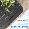 Close-up of the outdoor side table showcasing rounded corners, sturdy metal construction, and wood-like surface for.