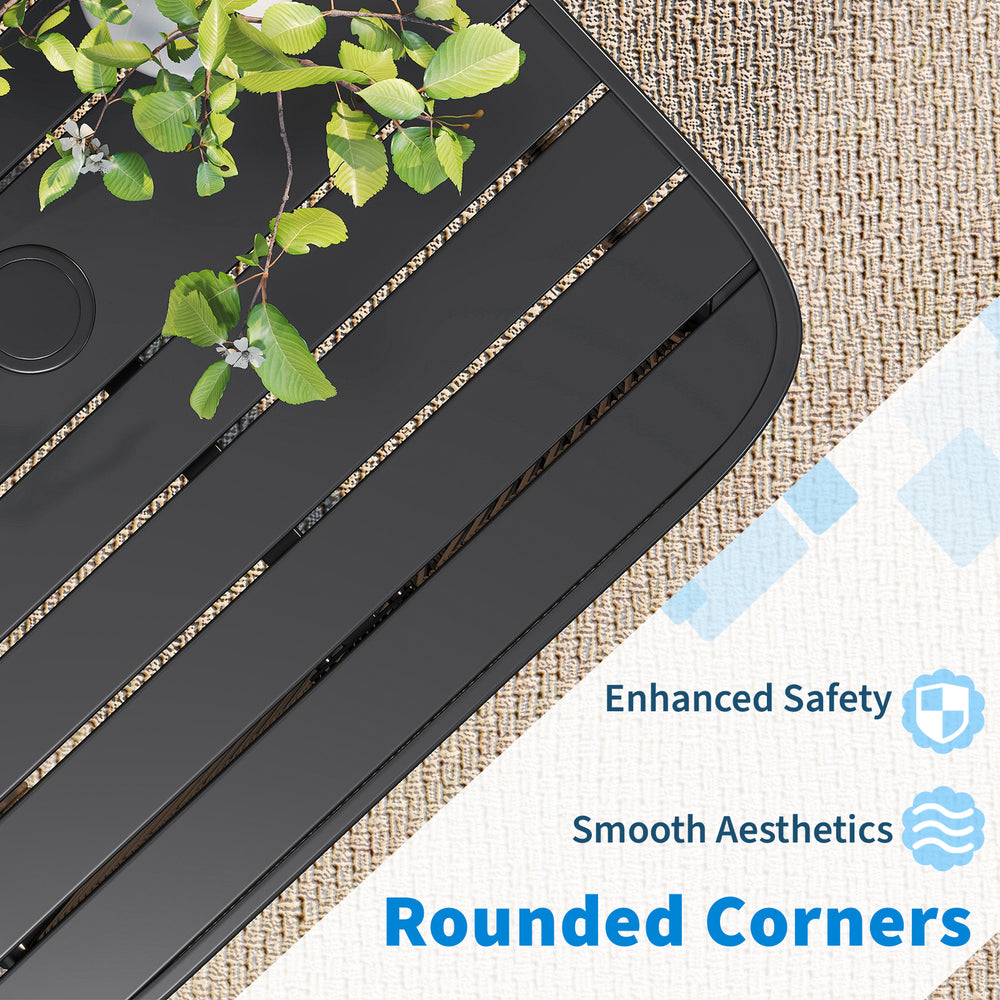 Close-up of the outdoor side table showcasing rounded corners, sturdy metal construction, and wood-like surface for.