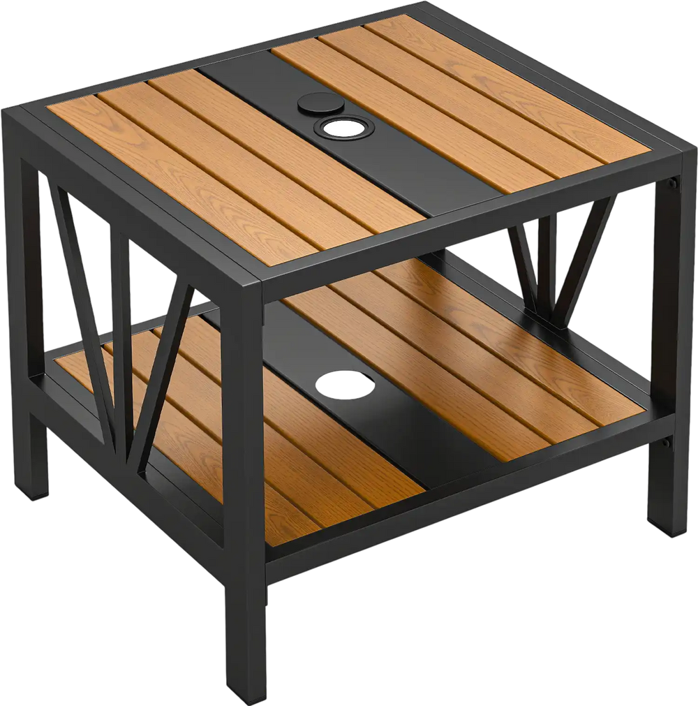 Outdoor Side Table with Umbrella Hole and Storage Shelf for Porch