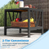 Outdoor side table with 2-tier storage shelf and umbrella hole, featuring a rustic wood-like surface for patio use.