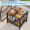 Outdoor side table with a wood-like surface, umbrella hole, and storage shelf, perfect for patio or porch use.