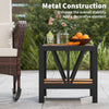 Outdoor side table with metal construction, 2-tier storage shelf, and umbrella hole, ideal for porch or patio use.