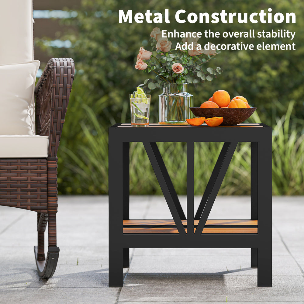 Outdoor side table with metal construction, 2-tier storage shelf, and umbrella hole, ideal for porch or patio use.