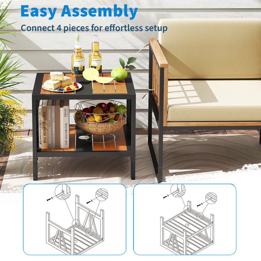 Outdoor side table with umbrella hole and storage shelf, featuring a wood-like surface and sturdy metal construction.