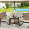 Outdoor side table with umbrella hole and storage shelf, featuring sturdy metal construction for porch or patio use.