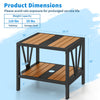 Outdoor side table with wood-like surface, umbrella hole, and storage shelf, perfect for porch or patio use.