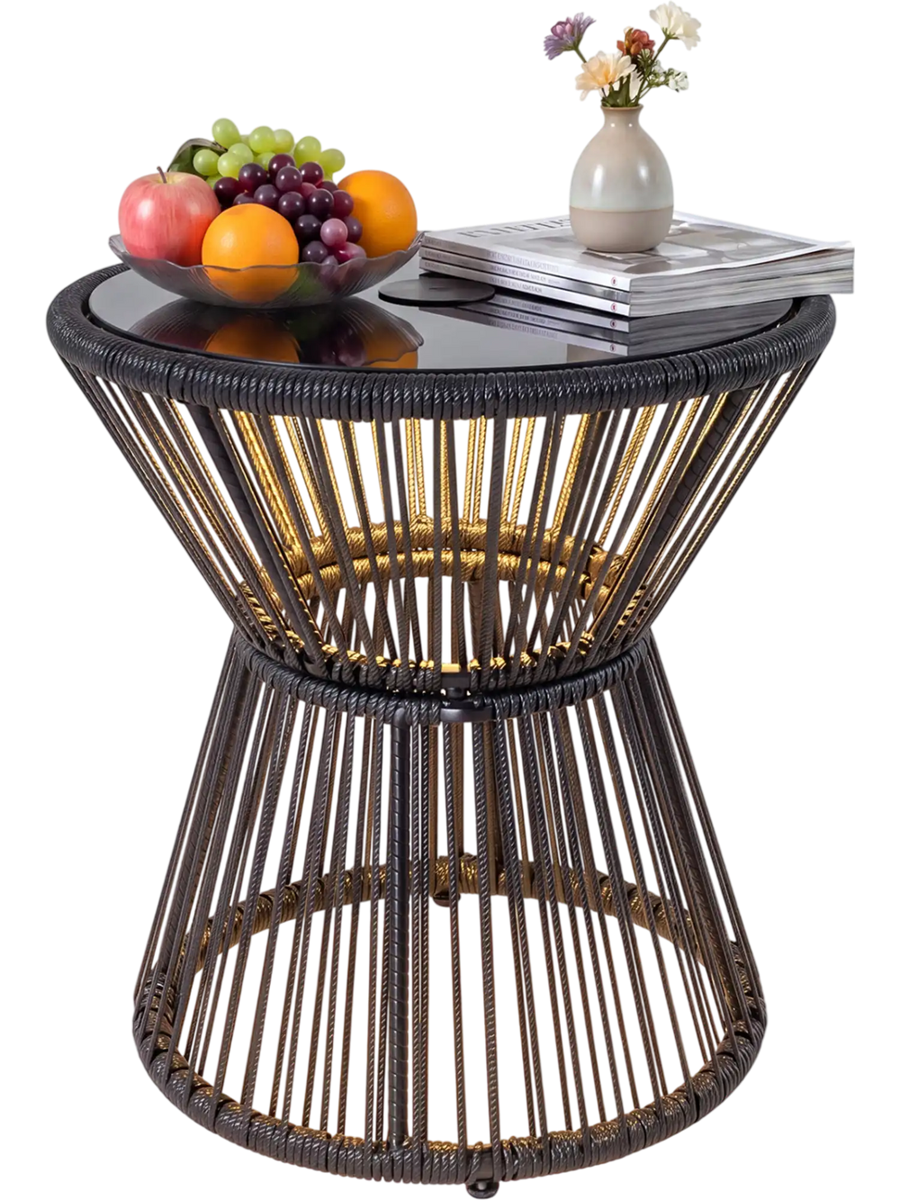 Outdoor side table with tempered glass top and LED warm light, featuring a black PE rattan design for patio or garden.