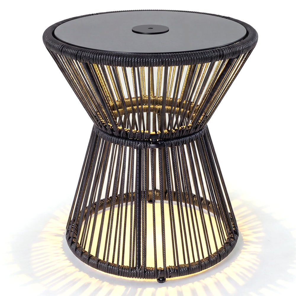 Outdoor side table with a black PE rattan design, tempered glass top, and LED warm light for patio or garden use.