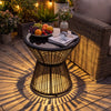 Outdoor side table with LED warm light, tempered glass top, and black PE rattan, perfect for patio or garden use.