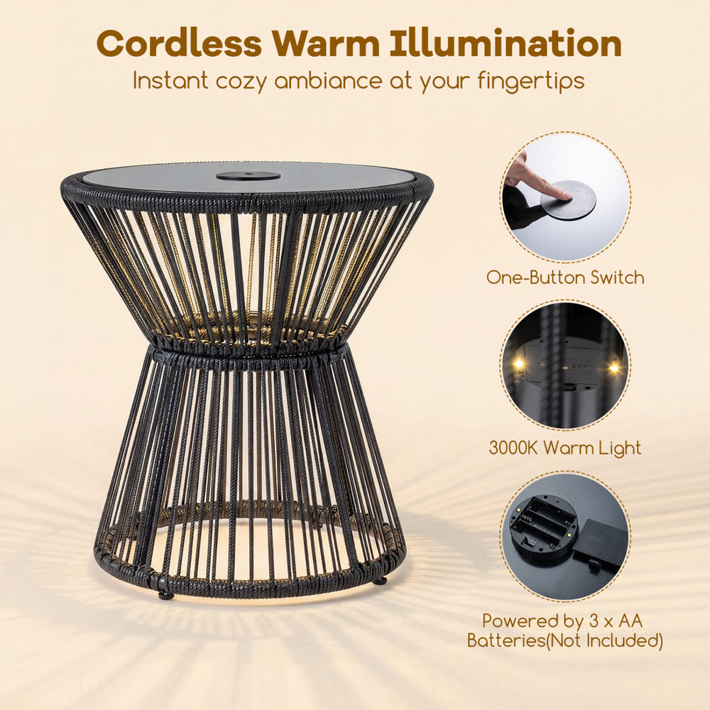 Outdoor side table with a black PE rattan design, tempered glass top, and LED warm light for cozy ambiance.