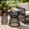 Outdoor side table in black with tempered glass top, featuring hand-woven PE rattan for a boho-chic look, ideal for.