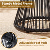 Close-up of the sturdy metal frame and adjustable foot pads of the black outdoor side table with tempered glass top.