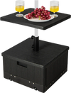Black outdoor fillable umbrella base with table tray, designed for stability and convenience, suitable for patio use.