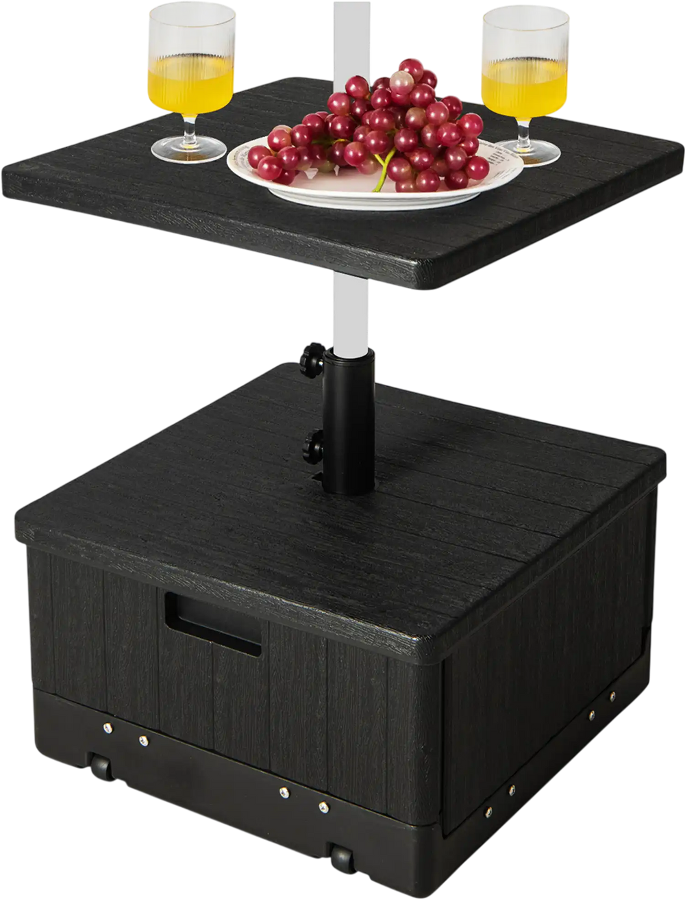 Black outdoor fillable umbrella base with table tray, designed for stability and convenience, suitable for patio use.