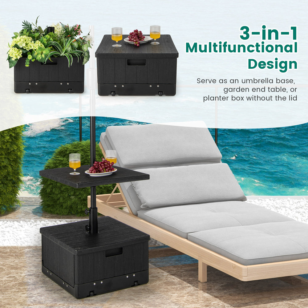 Black 175 LBS outdoor fillable umbrella base with table tray, serving as an end table or planter box for versatile use.
